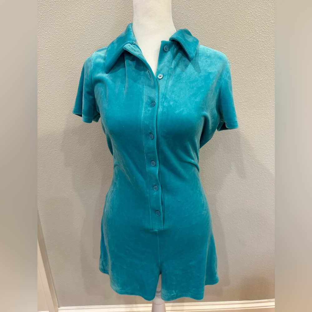 Juicy Couture teal blue velour romper with rhinestone logo on back